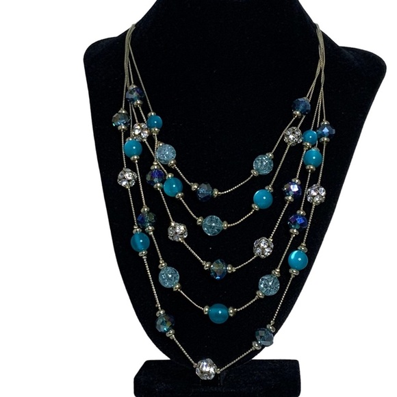 Glass Bead Crystal Necklace Cascade 5 Layer Faceted Sparkly By M. Haskell Blues - Picture 1 of 16